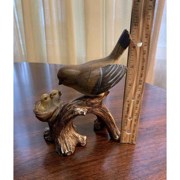 Resin Bird Figurine Mother Baby Chicks In Nest On Branch Distressed Rustic - Picture 10 of 10